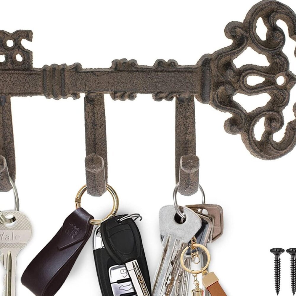 Decorative Wall Mounted Skeleton Key Holder | Vintage Key with 3 Hooks | Wall Mo
